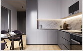  Gray shades of the kitchen unit with an emphasis on purple chairs